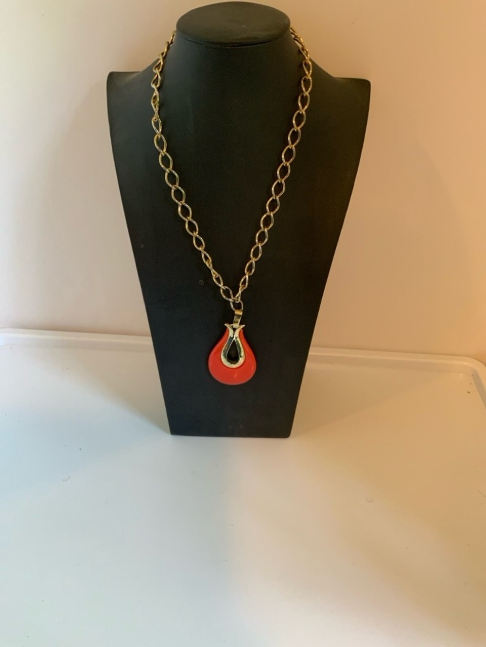 Sarah Coventry Gold-Tone Chain Necklace with Red Teardrop Pendant